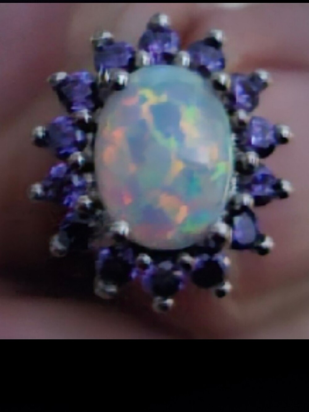 Sterling Fire Opal Halo Ring with Purple Amethyst.